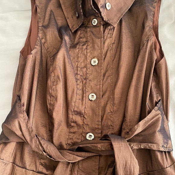Frank Lyman Brown Metallic Taffeta Bubble Hem Large Collar Button Down Sz 8 - Picture 7 of 8